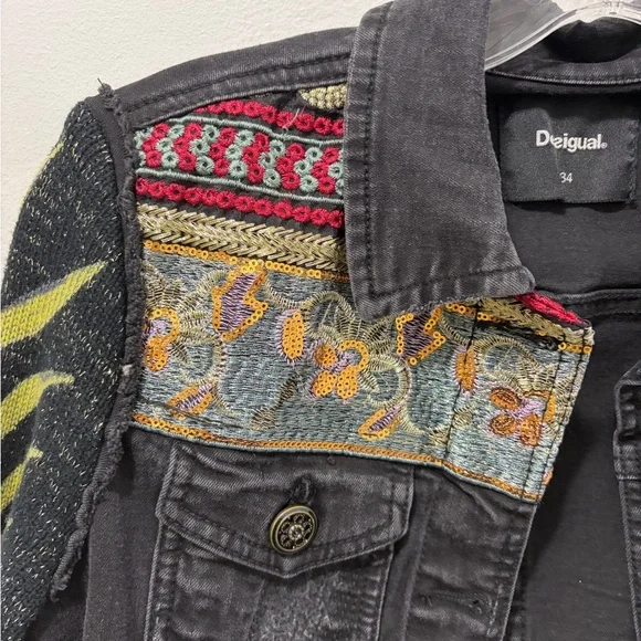 Desigual Claudia Patchwork Denim Jacket | Embroidered Boho Floral Size 34 XS - Picture 5 of 16